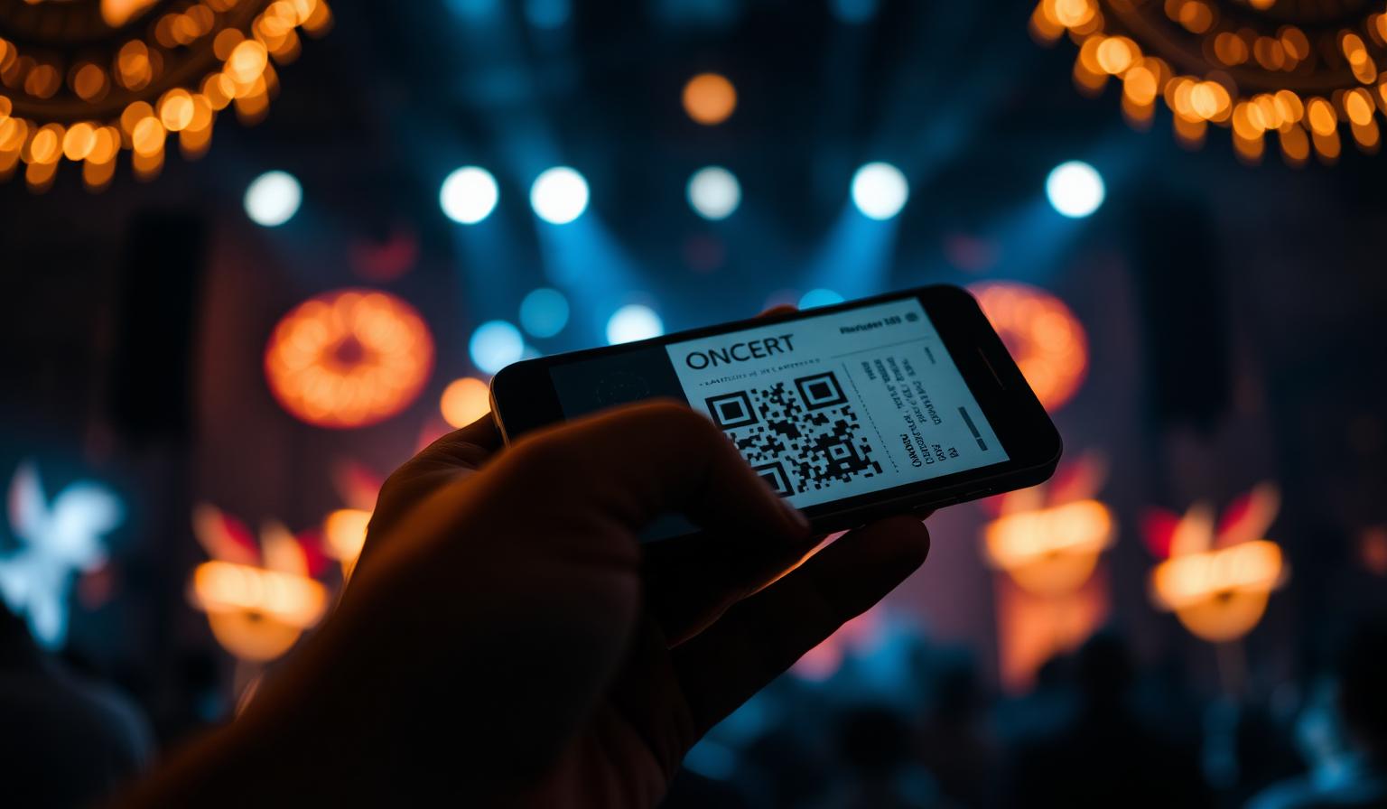 Telefon z biletem koncertowym i kodem QR przy wejściu na wydarzenie