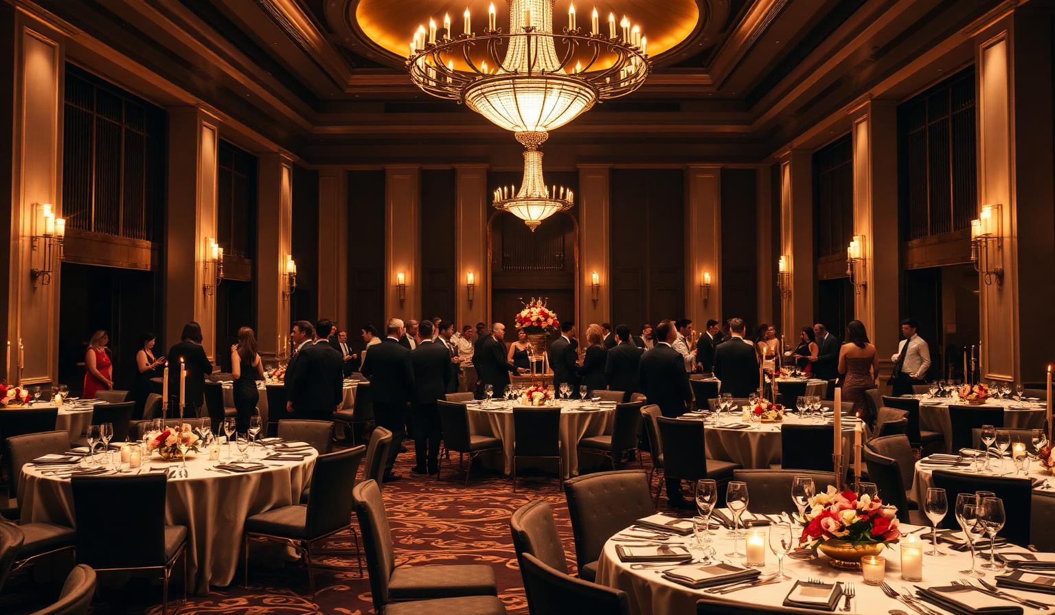 Elegancka sala bankietowa z żyrandolami i okrągłymi stołami przygotowanymi na event firmowy